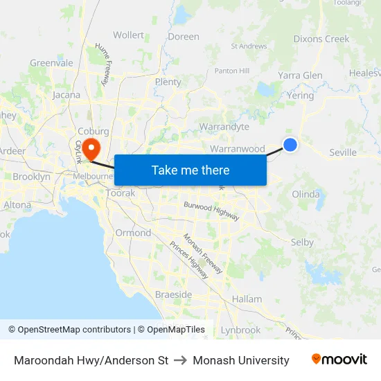 Maroondah Hwy/Anderson St to Monash University map