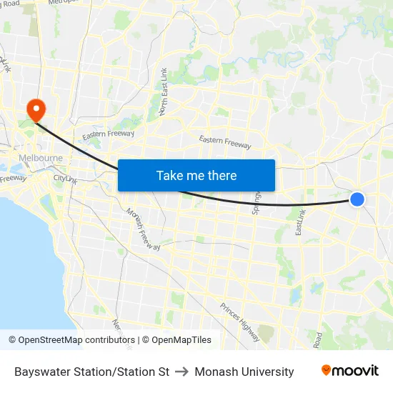 Bayswater Station/Station St to Monash University map