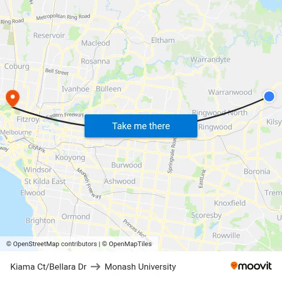 Kiama Ct/Bellara Dr to Monash University map