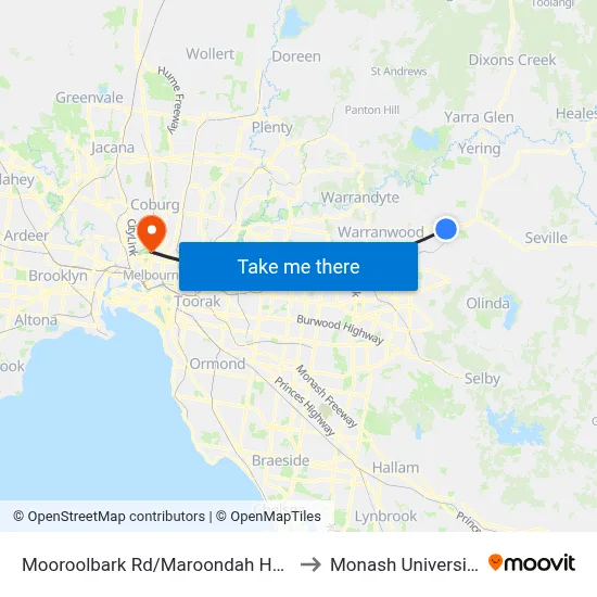 Mooroolbark Rd/Maroondah Hwy to Monash University map