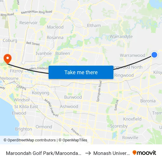 Maroondah Golf Park/Maroondah Hwy to Monash University map