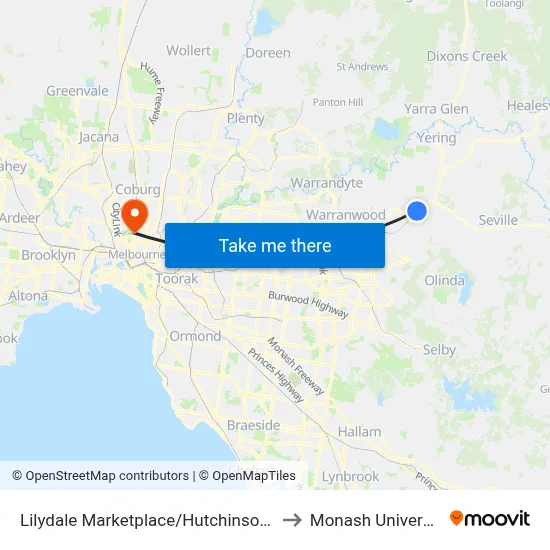 Lilydale Marketplace/Hutchinson St to Monash University map