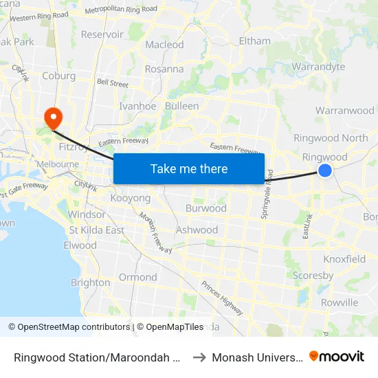 Ringwood Station/Maroondah Hwy to Monash University map