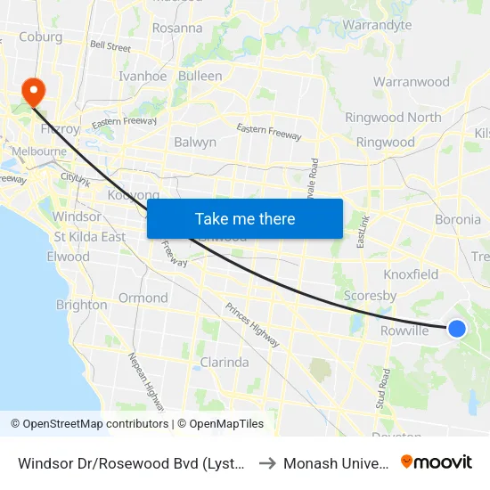 Windsor Dr/Rosewood Bvd to Monash University map