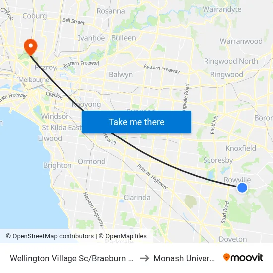 Wellington Village Sc/Braeburn Pde to Monash University map