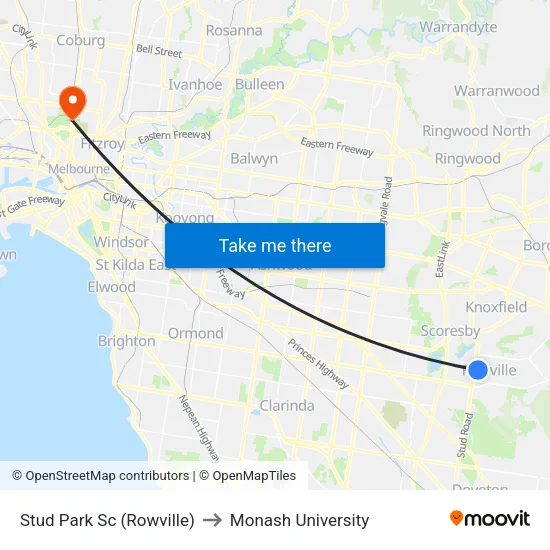 Stud Park Sc to Monash University map