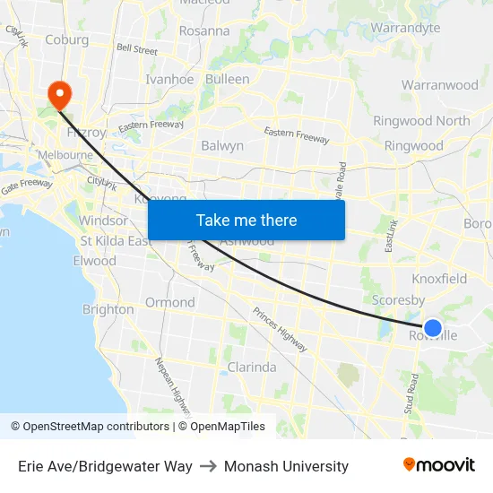 Erie Ave/Bridgewater Way to Monash University map