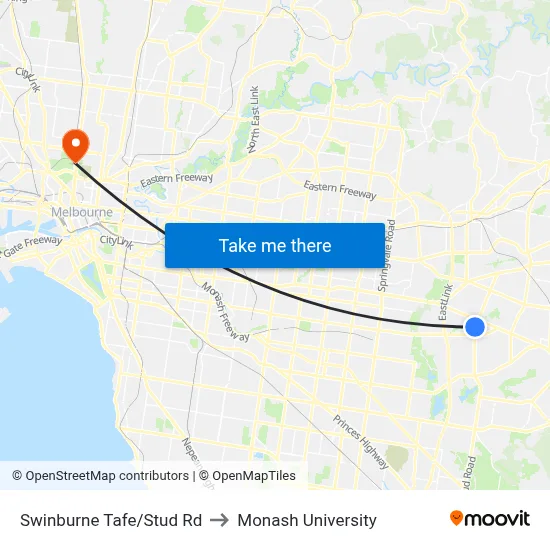 Swinburne Tafe/Stud Rd to Monash University map