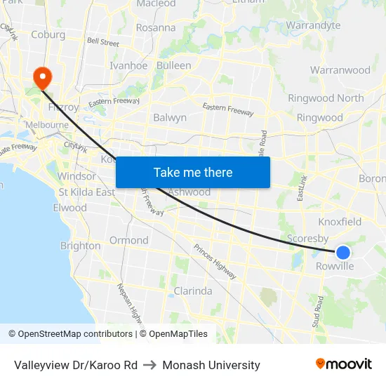 Valleyview Dr/Karoo Rd to Monash University map