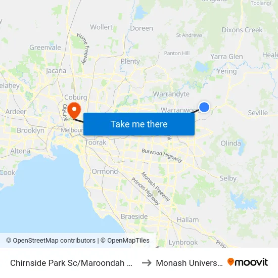 Chirnside Park Sc/Maroondah Hwy to Monash University map