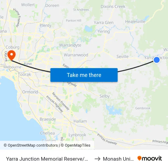 Yarra Junction Memorial Reserve/Warburton Hwy to Monash University map