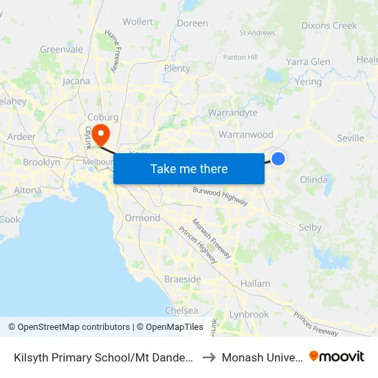 Kilsyth Primary School/Mt Dandenong Rd to Monash University map
