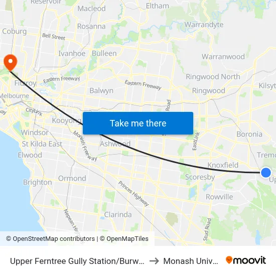 Upper Ferntree Gully Station/Burwood Hwy to Monash University map