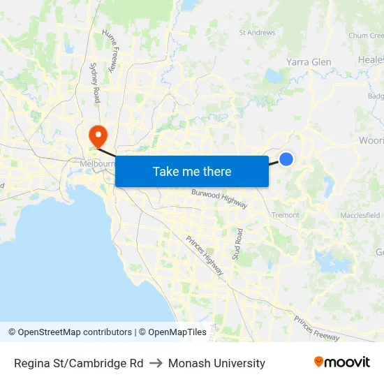 Regina St/Cambridge Rd to Monash University map