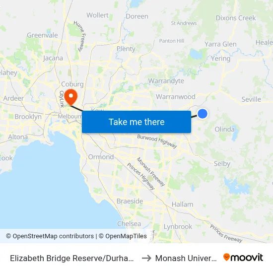 Elizabeth Bridge Reserve/Durham Rd to Monash University map