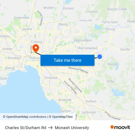 Charles St/Durham Rd to Monash University map
