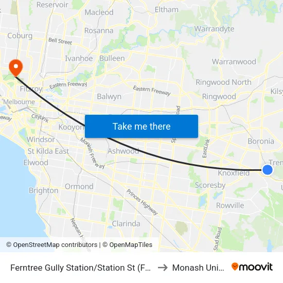 Ferntree Gully Station/Station St to Monash University map