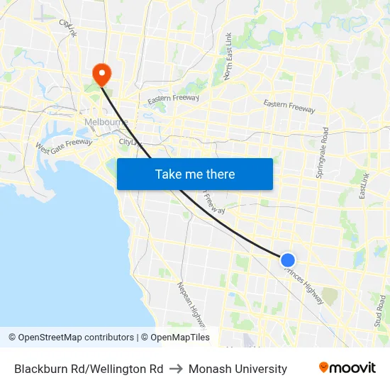 Blackburn Rd/Wellington Rd to Monash University map