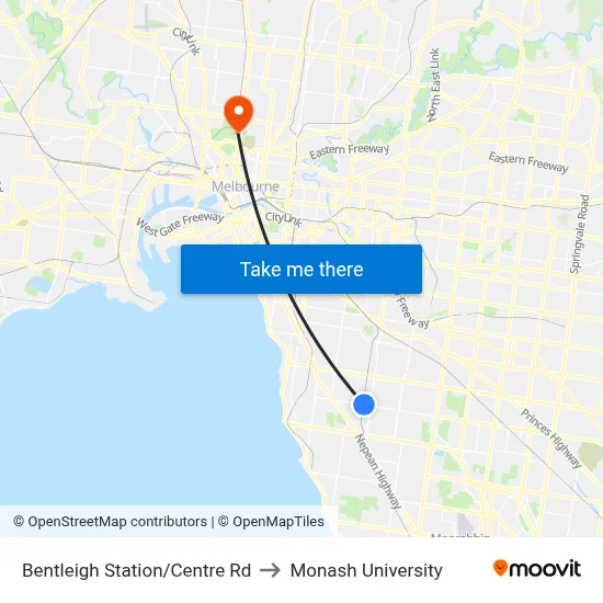 Bentleigh Station/Centre Rd to Monash University map