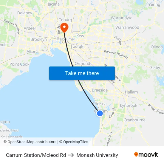 Carrum Station/Mcleod Rd to Monash University map