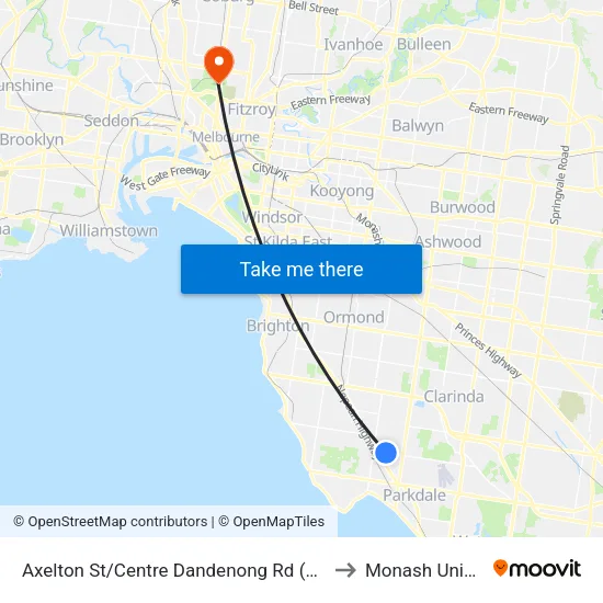 Axelton St/Centre Dandenong Rd to Monash University map