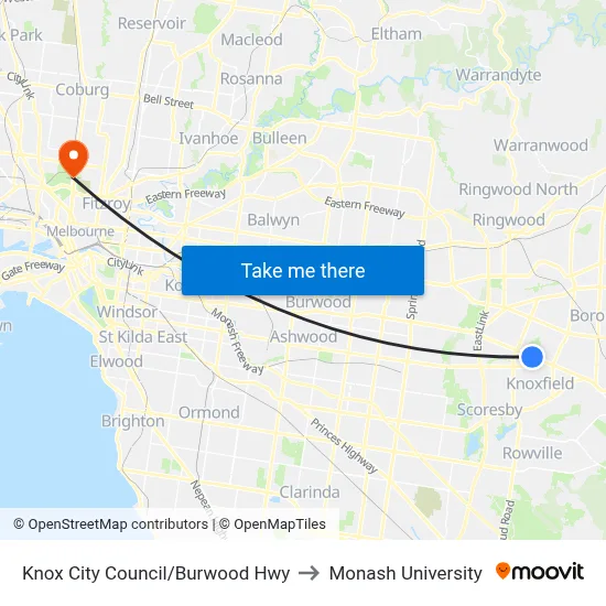 Knox City Council/Burwood Hwy to Monash University map