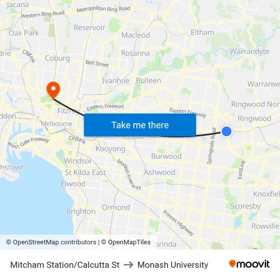 Mitcham Station/Calcutta St to Monash University map