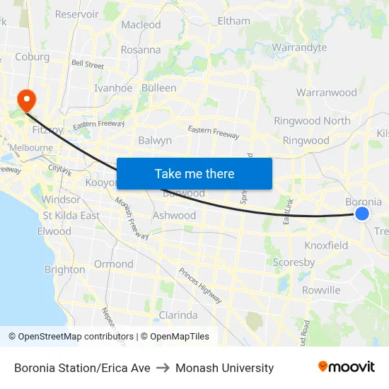 Boronia Station/Erica Ave to Monash University map