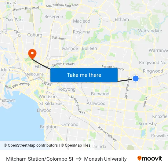 Mitcham Station/Colombo St to Monash University map