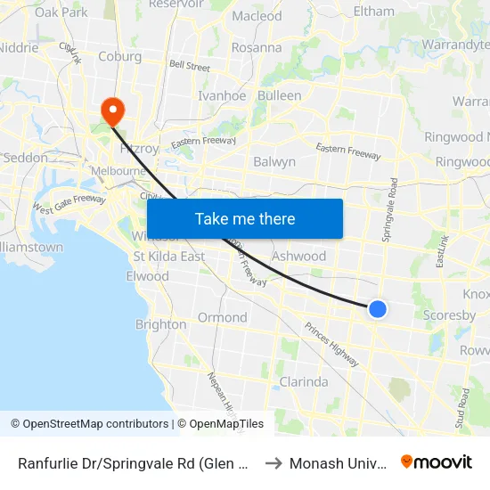 Ranfurlie Dr/Springvale Rd to Monash University map