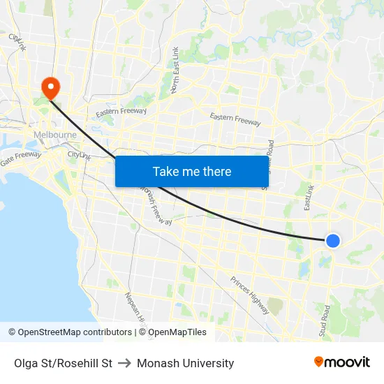 Olga St/Rosehill St to Monash University map