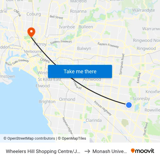 Wheelers Hill Shopping Centre/Jells Rd to Monash University map