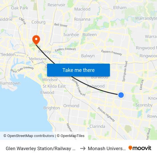 Glen Waverley Station/Railway Pde to Monash University map