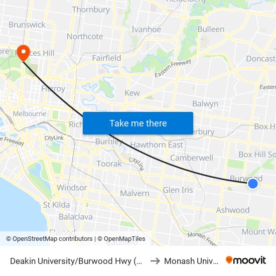 Deakin University/Burwood Hwy (Burwood) to Monash University map