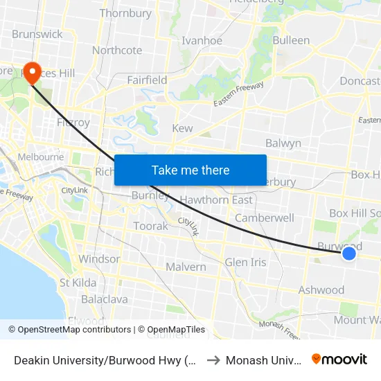 Deakin University/Burwood Hwy to Monash University map