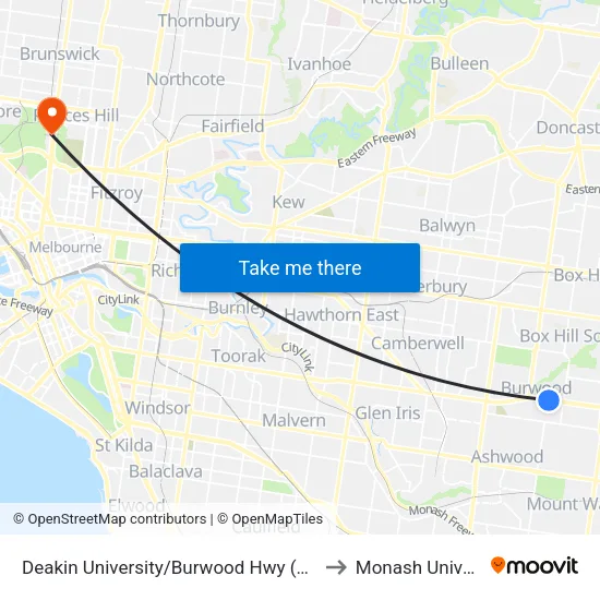 Deakin University/Burwood Hwy to Monash University map