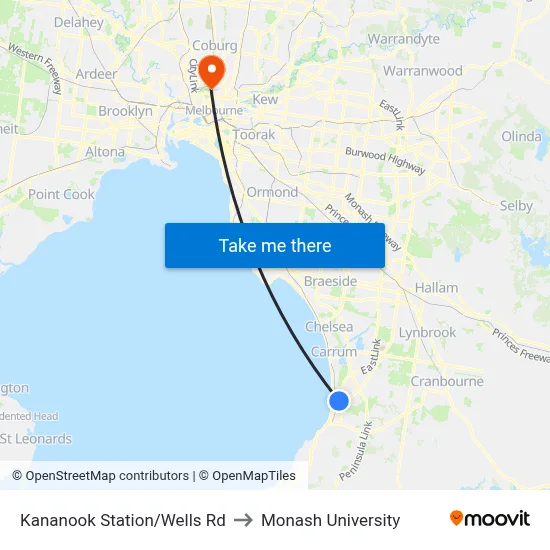 Kananook Station/Wells Rd to Monash University map