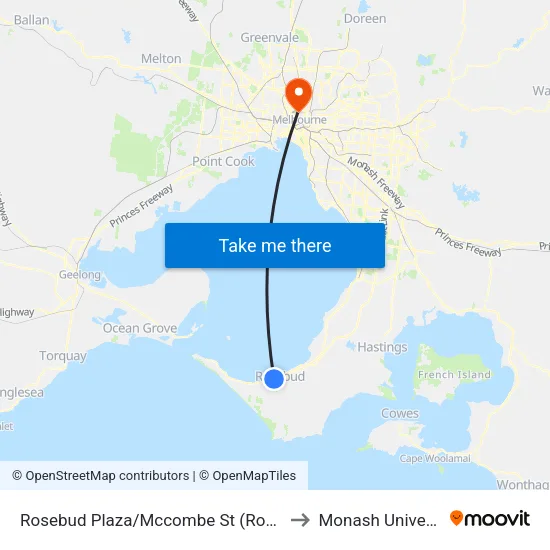 Rosebud Plaza/Mccombe St to Monash University map