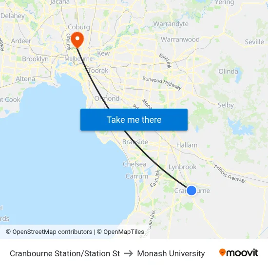Cranbourne Station/Station St to Monash University map