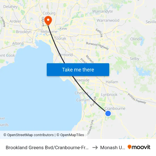 Brookland Greens Bvd/Cranbourne-Frankston Rd to Monash University map