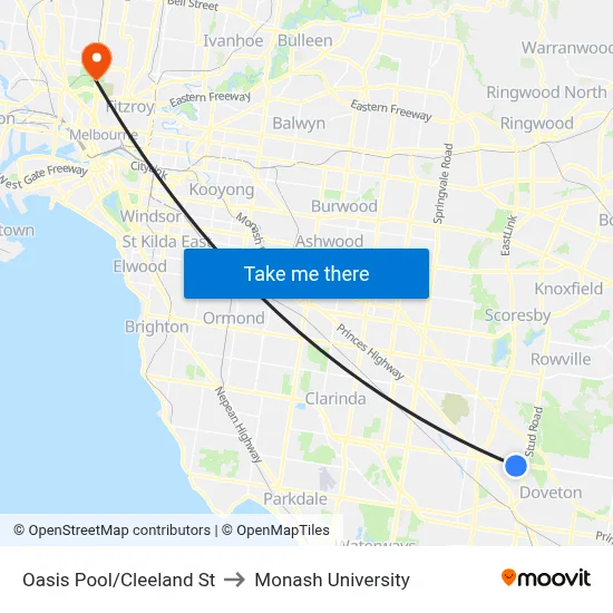 Oasis Pool/Cleeland St to Monash University map