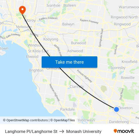 Langhorne Pl/Langhorne St to Monash University map
