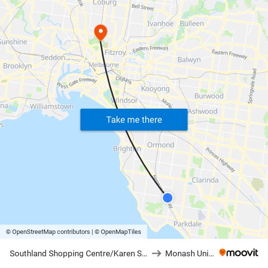 Southland Shopping Centre/Karen St (Cheltenham) to Monash University map