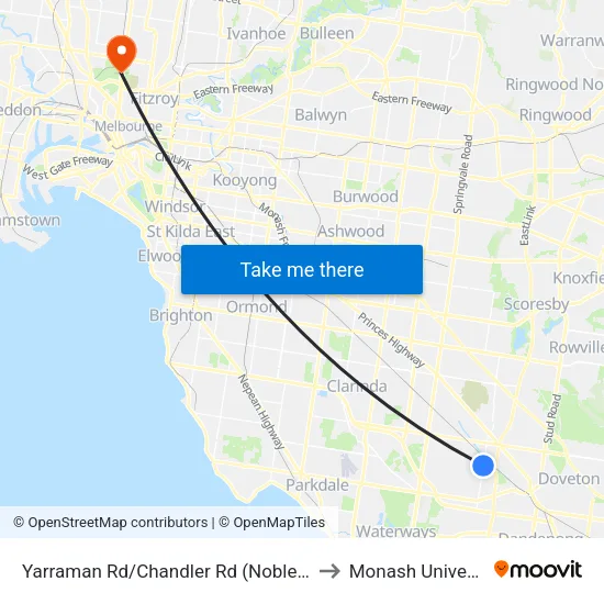 Yarraman Rd/Chandler Rd to Monash University map