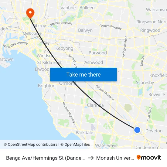 Benga Ave/Hemmings St to Monash University map