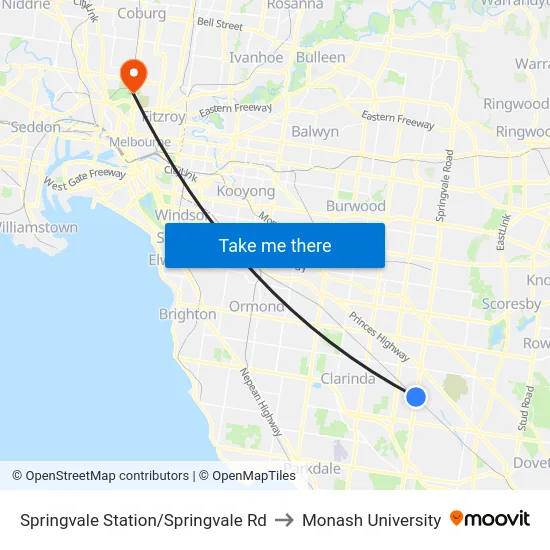 Springvale Station/Springvale Rd to Monash University map