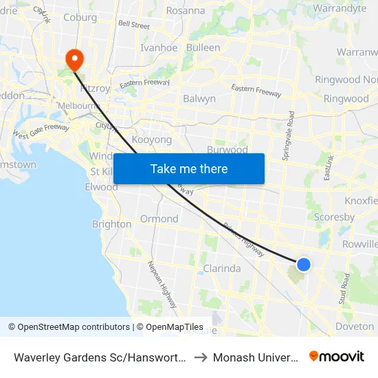 Waverley Gardens Sc/Hansworth St to Monash University map
