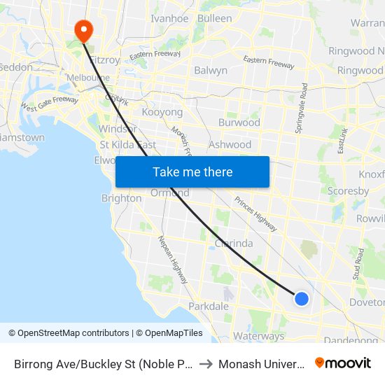 Birrong Ave/Buckley St (Noble Park) to Monash University map