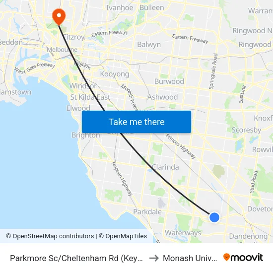 Parkmore Sc/Cheltenham Rd to Monash University map