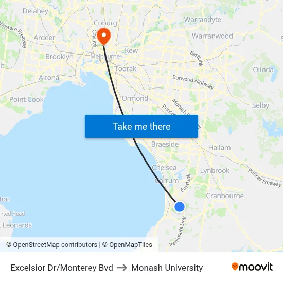 Excelsior Dr/Monterey Bvd to Monash University map